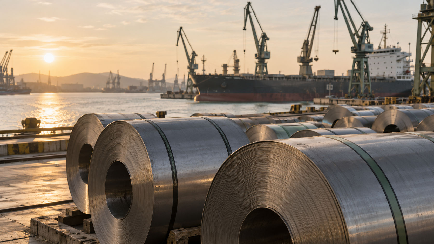 Steel coils on a port quay with cranes and a cargo ship at sunset — the imported, carbon-intensive goods CBAM covers.